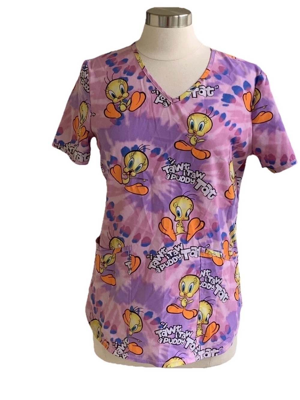 Looney Tunes Scrub Top L Tweety Bird Pink Purple Tie Dye Scrubs Nurse Uniform